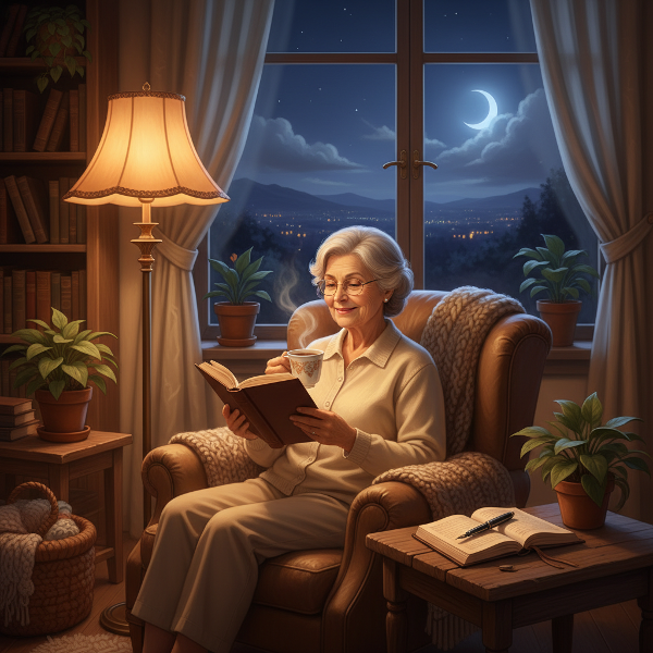 Иллюстрация показывает пожилую женщину, которая создает спокойный вечерний ритуал для борьбы с тревогой, окруженная уютными и знакомыми предметами.