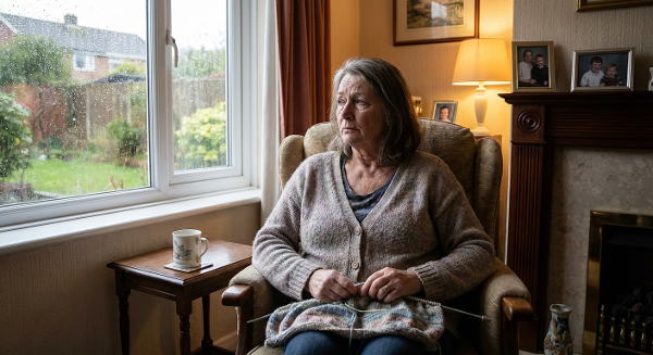 Уставшая женщина в домашней обстановке, окруженная семейными заботами, смотрит в окно с надеждой на отдых.