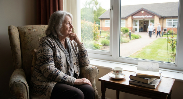 Пожилая женщина в момент размышления о преодолении одиночества, с символами надежды и новых возможностей.