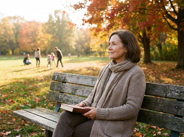Пожилая женщина в парке, размышляющая о жизни, с книгой в руках, на фоне осеннего пейзажа.