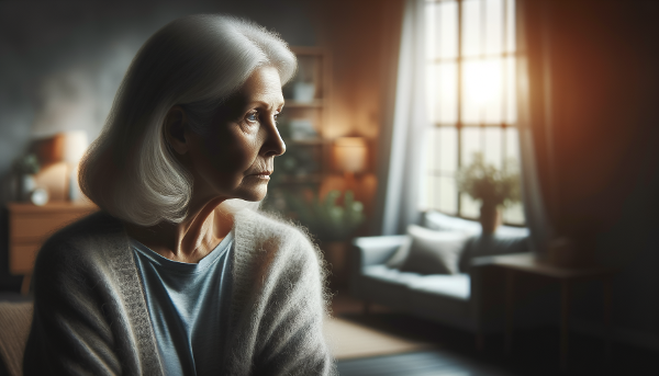 Пожилая женщина в момент размышления о внутреннем спокойствии и жизненных переменах.