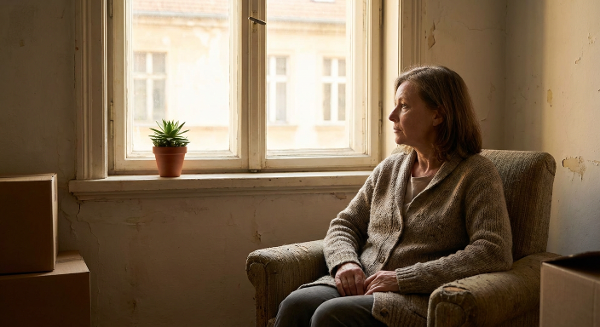 Пожилая женщина в раздумьях у окна в пустой комнате, символизирующая потерю и поиск нового смысла жизни.