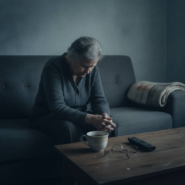Женщина 55 лет в задумчивости на диване, вокруг предметы прошлой активности, но взгляд потухший, символизирующий потерю интереса и депрессию