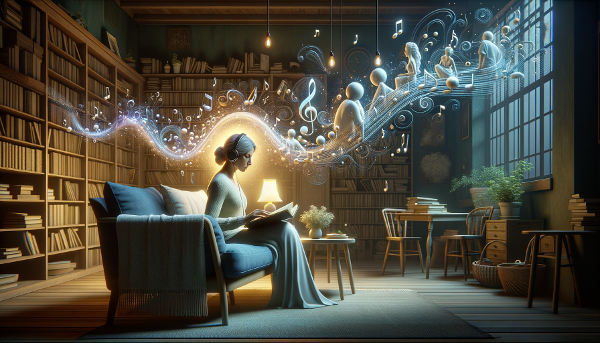 Женщина в домашней библиотеке слушает классическую музыку, вокруг нее ноты и символы тревоги, превращающиеся в пути к общению.