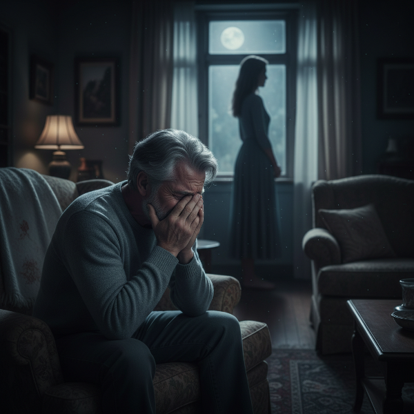 Мужчина средних лет в состоянии внутреннего конфликта и тревоги, символизирующий эмоциональную дистанцию и невысказанные чувства в отношениях.