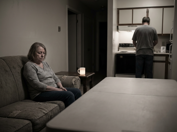 Женщина средних лет, сидящая в одной комнате с мужем, но чувствующая эмоциональную дистанцию и одиночество в браке, между ними визуальная пустота.