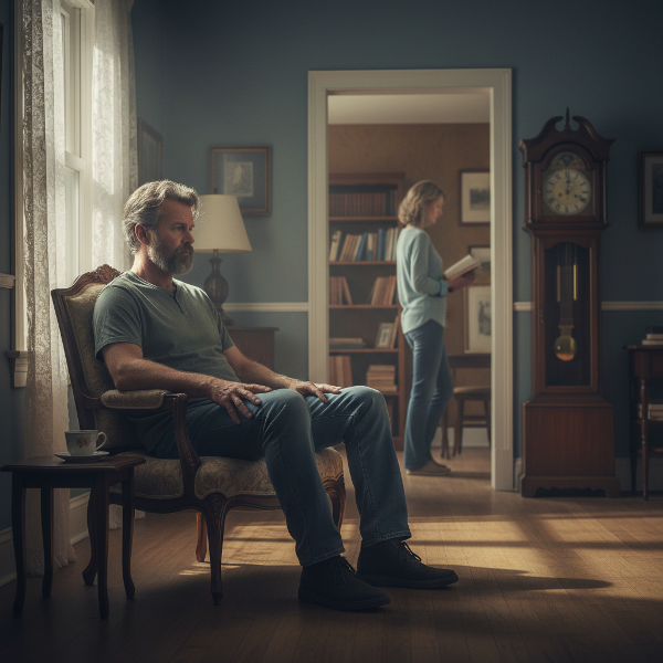 Мужчина средних лет чувствует себя чужим в собственном доме, эмоциональная дистанция и стена молчания между ним и женой.