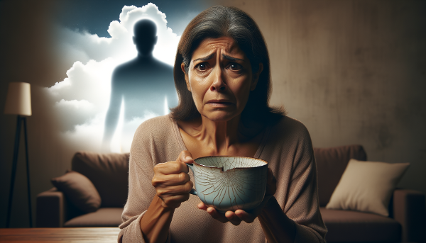 Изображение женщины, испытывающей эмоциональное истощение и тревогу, с разбитой чашкой в руках, на фоне фигуры, символизирующей поддержку и понимание.