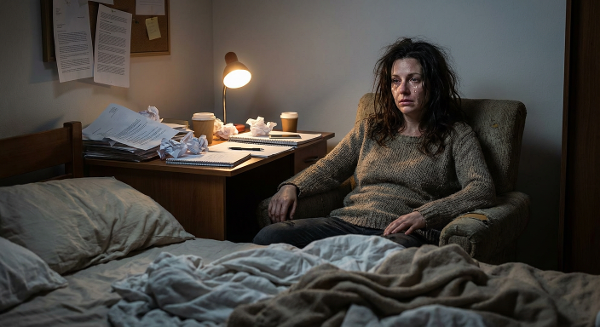 Женщина в состоянии эмоционального истощения сидит в полумраке комнаты, на фоне беспорядка и незаправленной кровати.