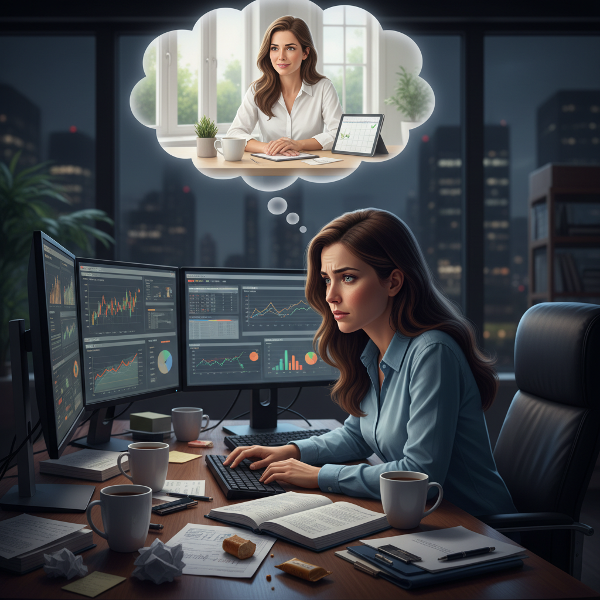 Уставшая женщина-предприниматель за рабочим столом ночью, испытывающая стресс, и мысленный образ гармонии и порядка.