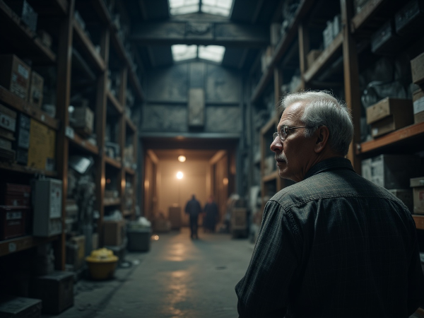Мужчина средних лет стоит перед закрытыми воротами завода, в его взгляде размышление о прошлом и надежда на новые возможности.