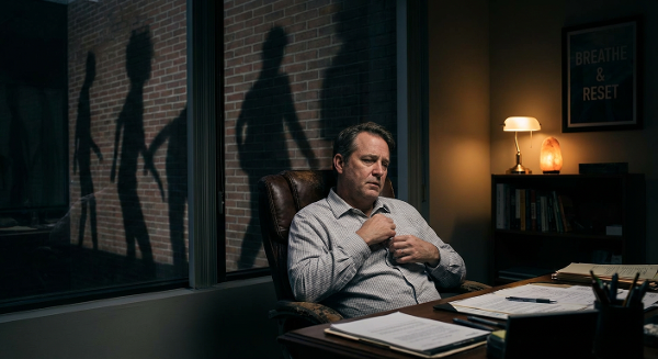 Предприниматель в темном офисе с тенями разбитого доверия и светом надежды на фоне.