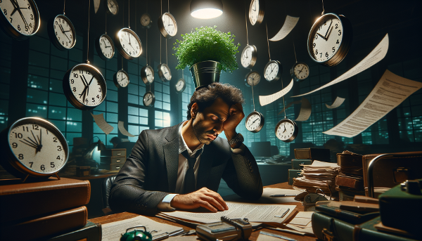 Изображение уставшего мужчины за рабочим столом, символизирующее выгорание и переутомление.