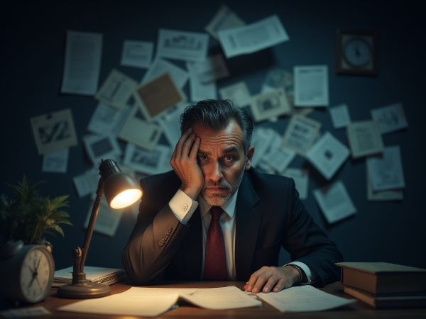 Изображение уставшего мужчины средних лет за рабочим столом поздно ночью, символизирующее профессиональное выгорание и эмоциональное истощение.