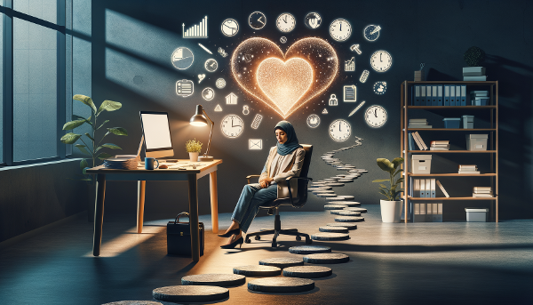 Женщина, испытывающая профессиональное выгорание на рабочем месте, с символами стресса и намеком на путь к восстановлению.