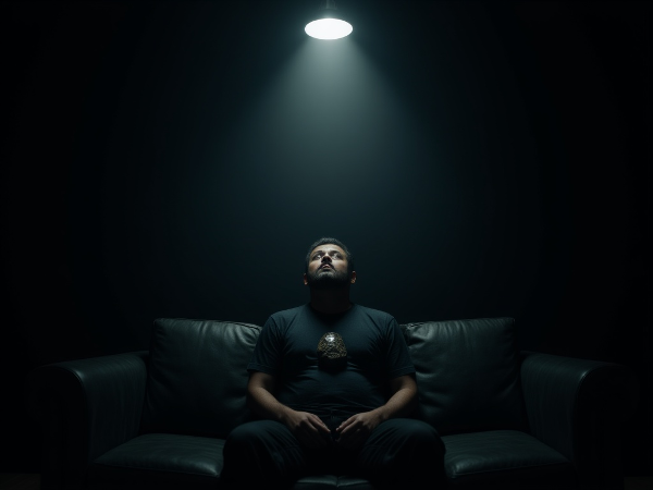 Мужчина средних лет в состоянии эмоционального истощения, сидит в одиночестве в темной комнате, ощущая тяжесть и опустошение.