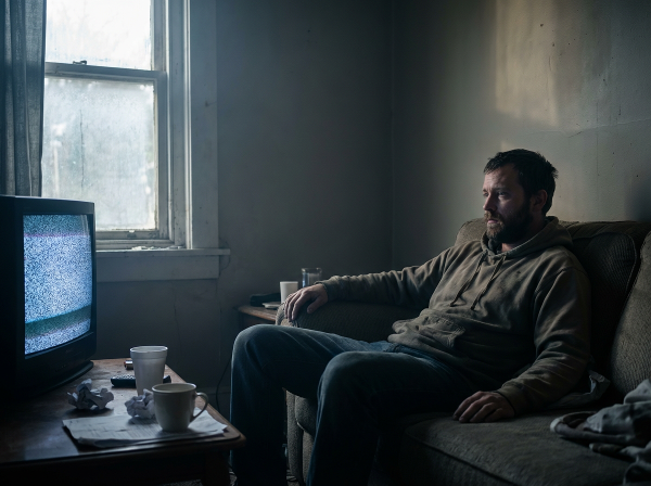 Мужчина средних лет в состоянии опустошения и апатии в полутемной комнате, с намеком на утренний свет, символизирующий возможное облегчение.