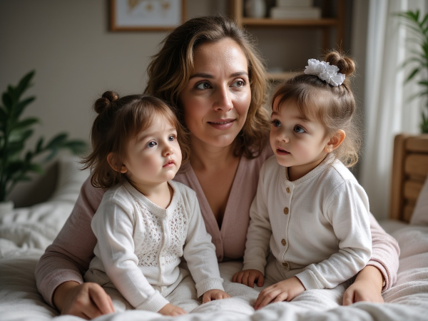 Иллюстрация эмоционального выгорания матери, несущей основную нагрузку по дому и уходу за детьми, с чувством опустошения и потребностью в поддержке.