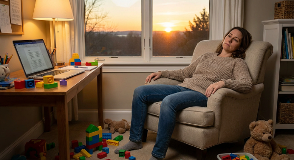 Изображение уставшей женщины в домашнем офисе, символизирующее выгорание и надежду на восстановление сил.