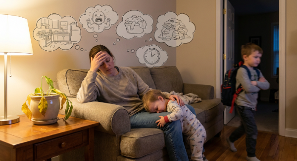 Изображение уставшей матери в состоянии стресса, окружённой эмоциональными проявлениями детей и символами внутреннего беспорядка.