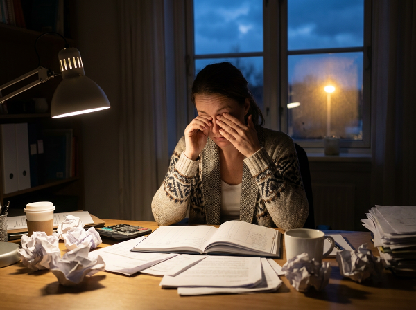 Изображение уставшей женщины средних лет за рабочим столом поздно ночью, окруженной документами, передающее чувство истощения и профессионального выгорания.