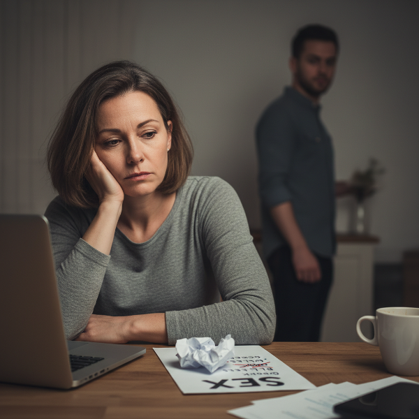 Уставшая женщина за ноутбуком в домашней обстановке, чувствующая себя отдалённой от мужа из-за рабочего стресса и упадка либидо.