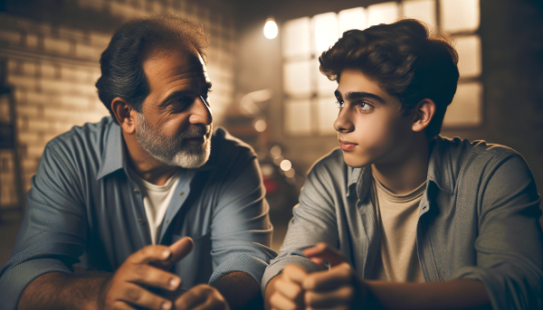 Отец и сын-подросток находят общий язык во время совместного занятия.