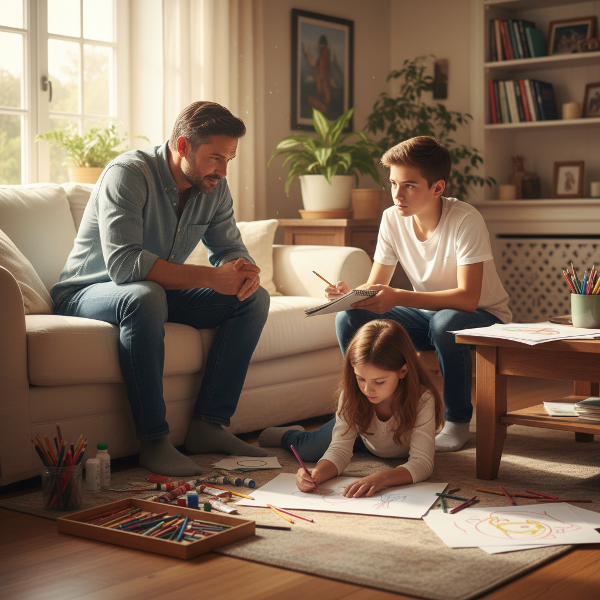 Отец и двое детей в уютной гостиной занимаются творчеством, создавая атмосферу доверия и спокойного общения.