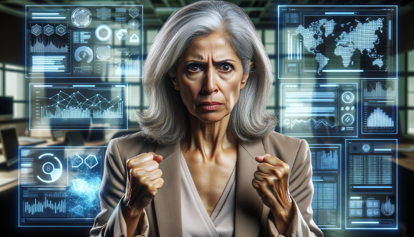 Женщина средних лет в офисе, глядя на экран компьютера с цифровыми программами, выражает чувство неуверенности и желание восстановить внутренний стержень.