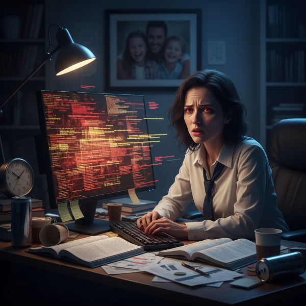 Женщина-менеджер в состоянии профессионального выгорания за рабочим столом с признаками эмоционального истощения и перегрузки.