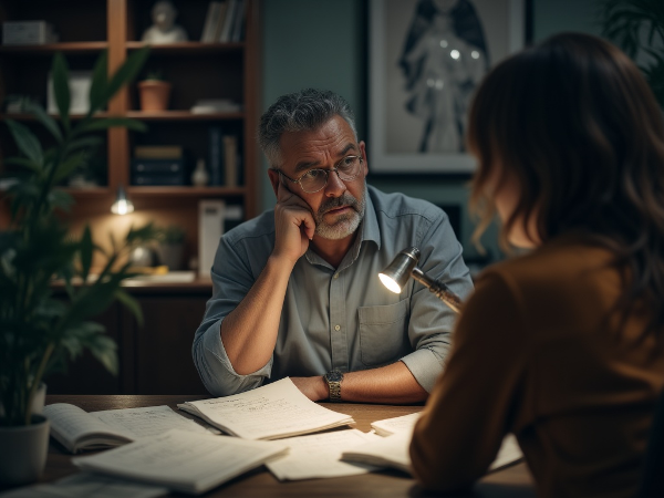 Мужчина средних лет испытывает финансовый стресс, что символически отдаляет его от партнерши. Фон с искаженными отражениями намекает на токсичную атмосферу в отношениях.