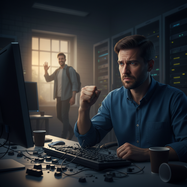 Изображение передаёт внутреннее напряжение и конфликт IT-специалиста, столкнувшегося с выгоранием и непрожитой потерей.