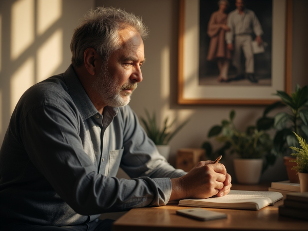 Иллюстрация, изображающая мужчину средних лет в момент тихого размышления и эмоциональной обработки горя, с элементами надежды и поддержки.