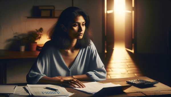 Женщина средних лет в момент размышления и поиска нового пути, символизирующего кризис и возможности.