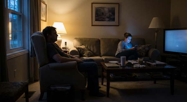 Мужчина сидит один в гостиной, чувствуя одиночество, пока его жена отстранена, глядя в телефон, что символизирует эмоциональную дистанцию в браке.