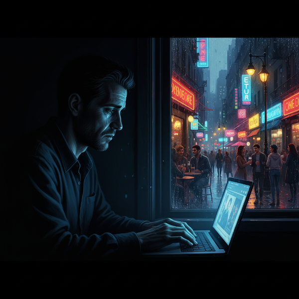 Мужчина в одиночестве сидит перед ноутбуком в темной комнате, наблюдая через окно за оживленной социальной жизнью на улице.