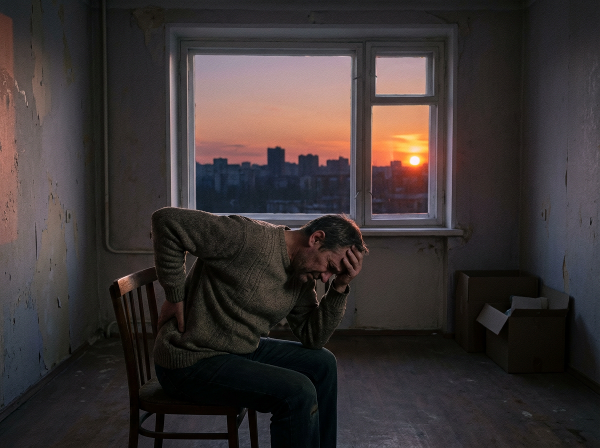 Мужчина средних лет испытывает психосоматическую боль в спине, сидя в одиночестве в пустой квартире на фоне заката.
