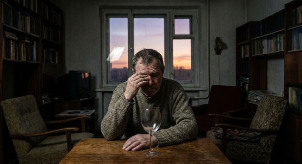 Мужчина в возрасте сидит один в полутемной комнате вечером, на столе пустой бокал, выражение лица уставшее и задумчивое, в окне виден далекий рассвет, символизирующий возможность перемен.