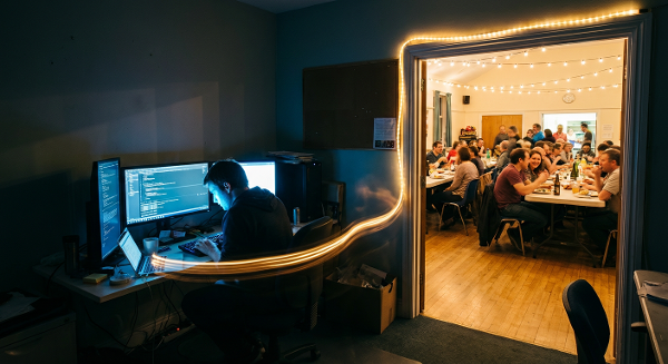 Программист в темной комнате у монитора, чувствующий одиночество, и светлый путь, ведущий к общению с людьми.