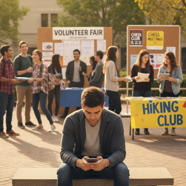 Молодой человек в университетской обстановке чувствует одиночество, глядя в телефон, в то время как вокруг него есть возможности для общения и знакомств.