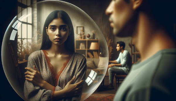 Женщина, ощущающая одиночество в отношениях, живущая под одной крышей с эмоционально отдалённым партнёром.