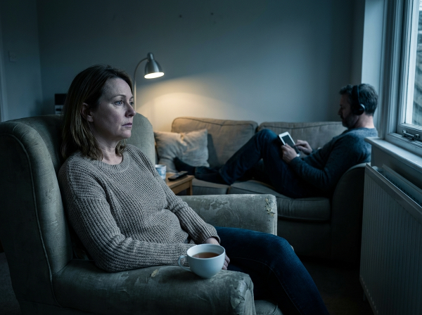 Женщина средних лет, сидящая в одиночестве в полумраке комнаты, символизирующая эмоциональную пустоту и дистанцию в длительных отношениях, с мужем, физически присутствующим, но эмоционально отсутствующим.