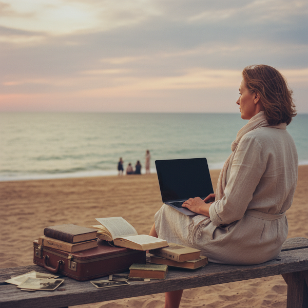 Женщина на берегу моря с ноутбуком и книгами, чувствующая одиночество среди людей.