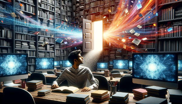 Молодой человек в сером офисе, окружённый книгами и экранами, видит дверь, ведущую в красочный мир возможностей.