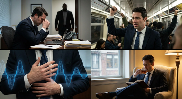 Мужчина испытывает тревогу на работе и в метро, с элементами релаксации и поиска решений.