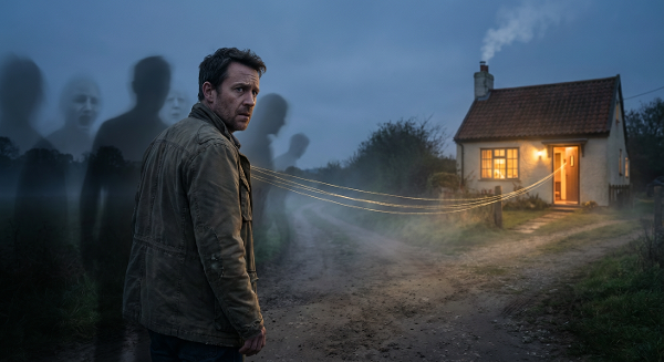 Мужчина на перепутье между близостью и отстранением, с тенями прошлого и хрупкими нитями, связывающими его с возможным будущим.