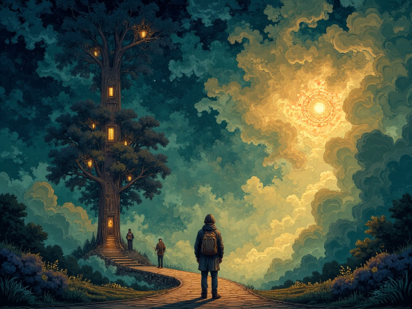 Мужчина на перепутье между тёмной тропой прошлой травли и светлым путём к психологической помощи, символизирующей исцеление.