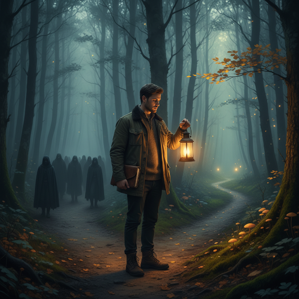 Мужчина на перепутье в туманном лесу, выбирающий между проторенной дорогой ожиданий и личным путем, освещенным фонарем самопознания.