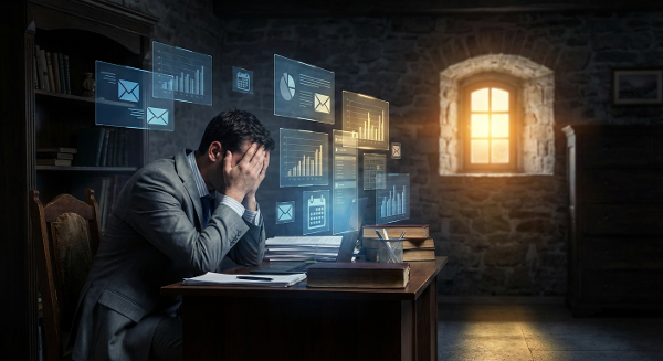 Мужчина, испытывающий эмоциональное выгорание и стресс от работы, в окружении символов рабочих задач.