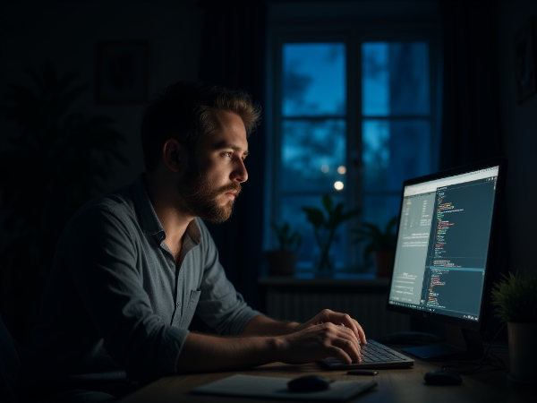 Мужчина в темной комнате перед монитором, испытывающий внутренний конфликт между виртуальным миром и реальностью.